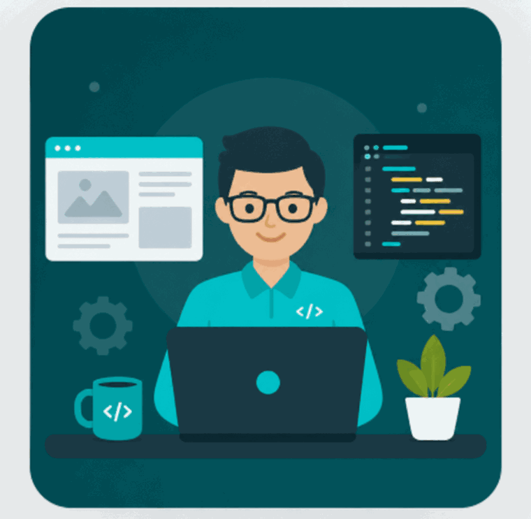 Illustration of an IT professional working at a desk with a laptop